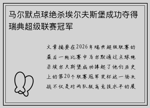 马尔默点球绝杀埃尔夫斯堡成功夺得瑞典超级联赛冠军 马尔默点球绝杀埃尔夫斯堡成功夺得瑞典超级联赛冠军